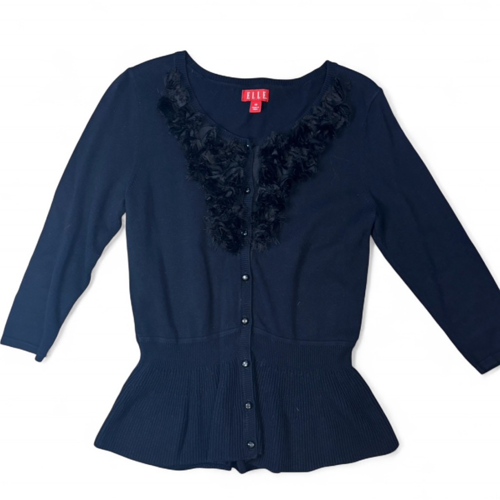 Elle Women's Black Button Down Sweater with Feather Accents